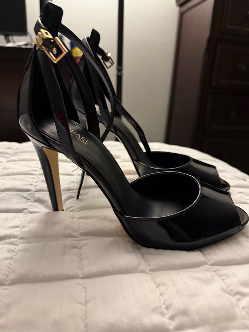 Black Patent Peep-Toe High Heels with Gold Accent